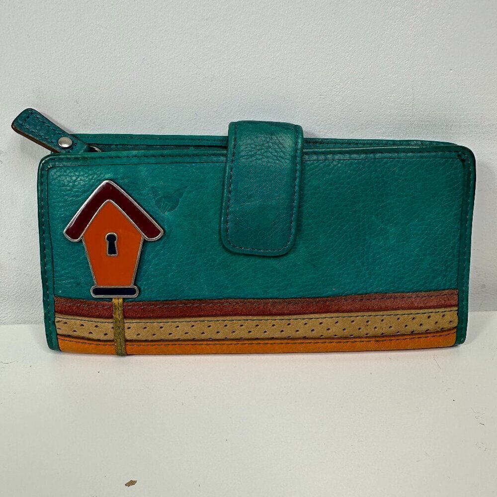 Fossil Birdhouse Wallet Teal Green Snap Button Credit Cards Bill Coins ID
